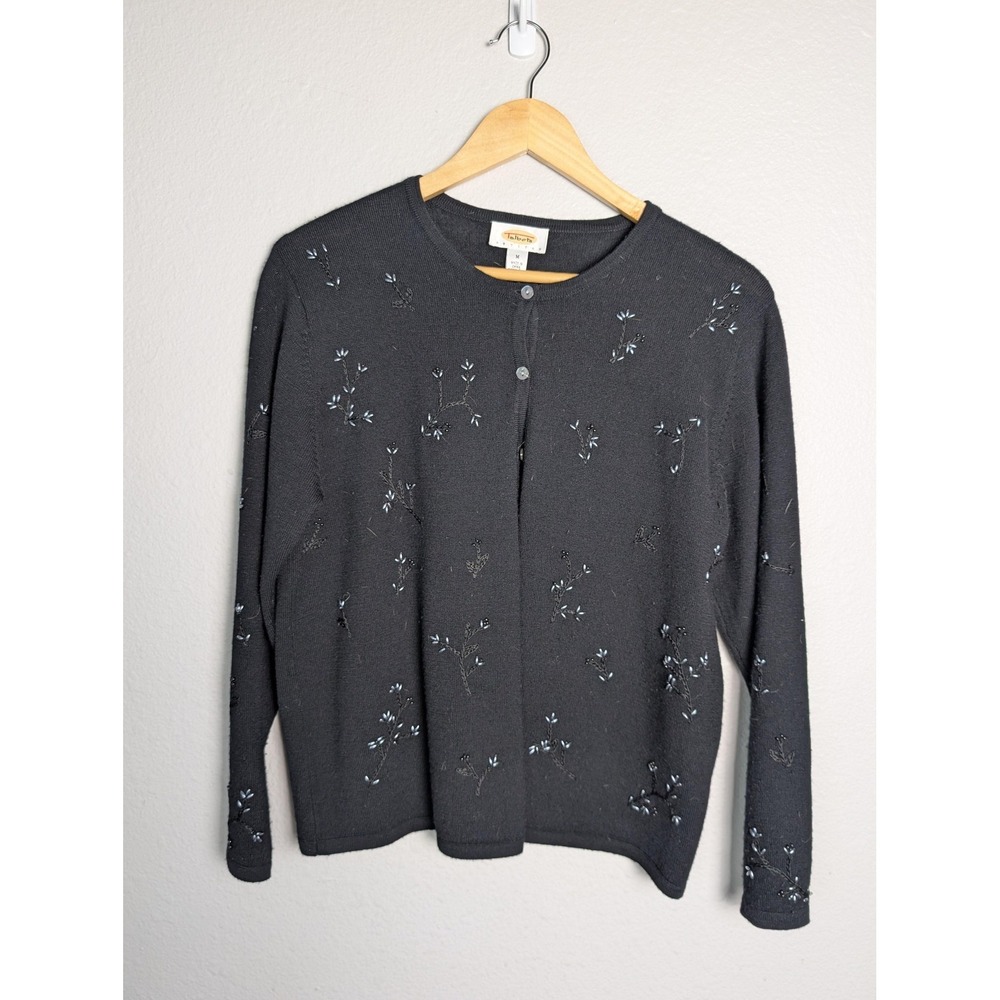 Talbots Cardigan Sweater Womens Medium Petite Gray 100% Wool Beaded Floral